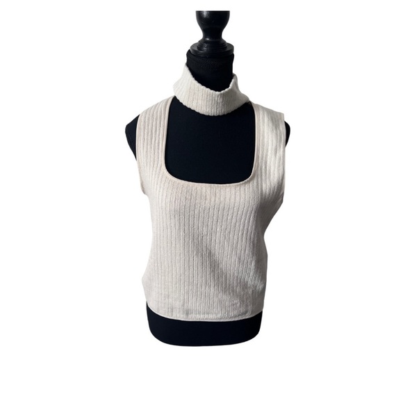 Zara | Cream Ribbed Cotton Blend Sleeveless Top With Cut-out Mock Neck | Size L - Picture 1 of 7